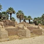 Avenida de las esfinges de Luxor con estatuas de piedra alineadas y palmeras bajo cielo azul, patrimonio iconico del antiguo Egipto
