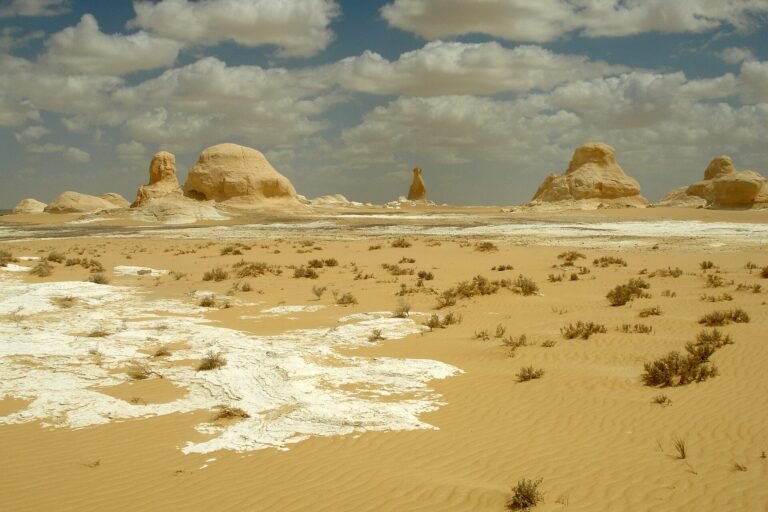 Formaciones de tiza blanca tipo hongo sobre arena dorada ondulada bajo cielo azul con nubes en el Desierto Blanco de Egipto cerca de Farafra