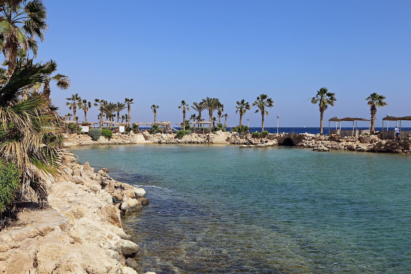 Cala de aguas turquesas y cristalinas del Mar Rojo en Egipto, bordeada de rocas doradas, palmeras y sombrillas de paja bajo un cielo azul intenso