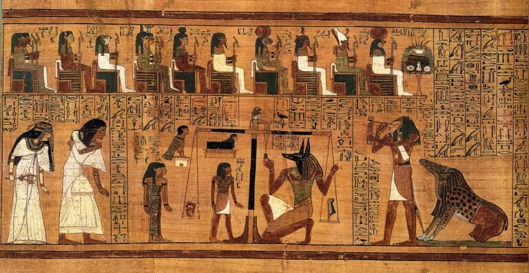 Escena del pesaje del corazon del Libro de los Muertos egipcio, con Anubis ajustando la balanza, Thoth registrando el veredicto, dioses entronizados arriba y Ammit a la derecha
