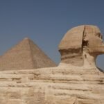 The Great Sphinx of Giza in profile from the right, its head and back above the enclosure wall, with the pyramid of Khufu behind against a clear sky