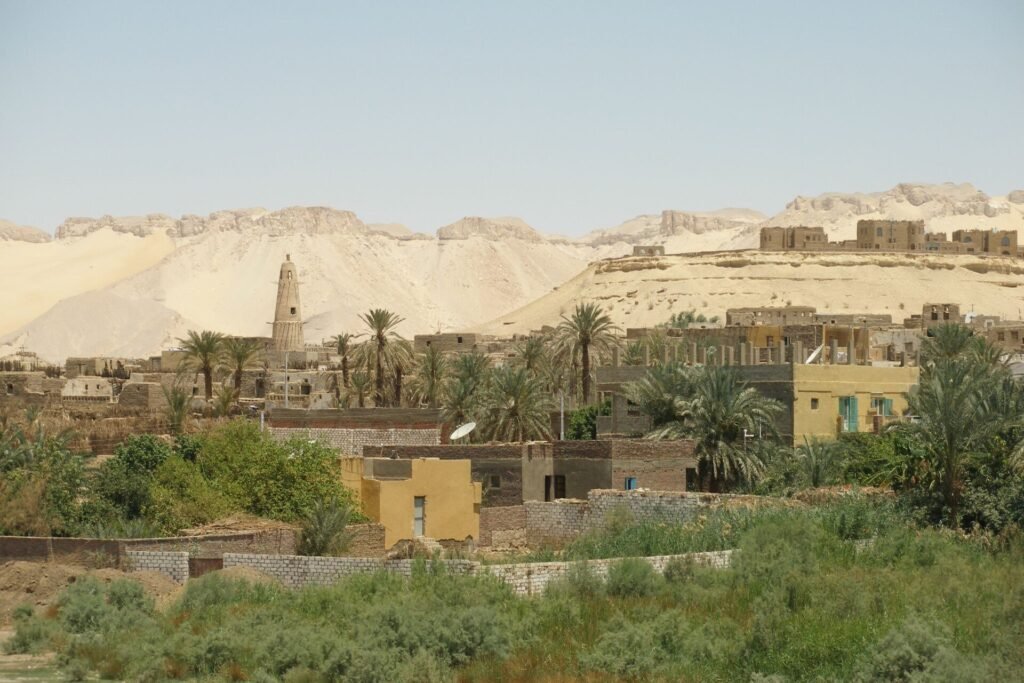 Oasis verde del desierto egipcio con altas palmeras datileras, casas de adobe color ocre y un minarete junto a colinas de arena, vista evocadora de Dakhla