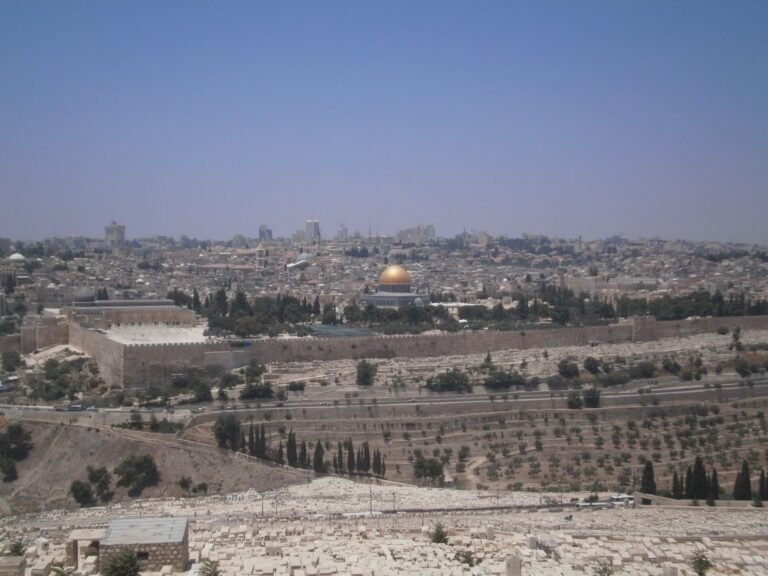 Vista panoramica de la Ciudad Vieja de Jerusalen desde el Monte de los Olivos con la Cupula de la Roca dorada, las murallas y las laderas con cipreses en Israel