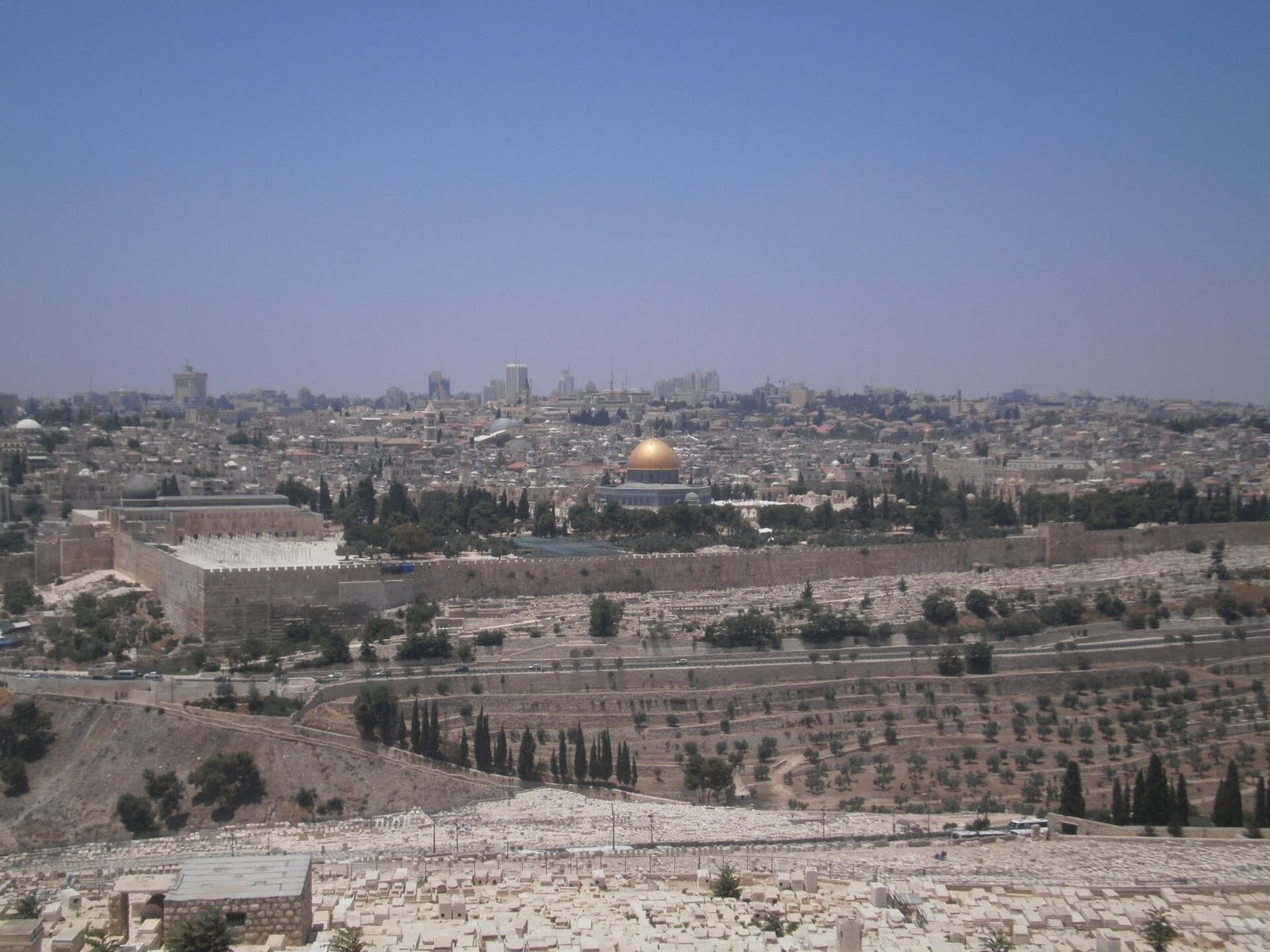 Vista panoramica de la Ciudad Vieja de Jerusalen desde el Monte de los Olivos con la Cupula de la Roca dorada, las murallas y las laderas con cipreses en Israel