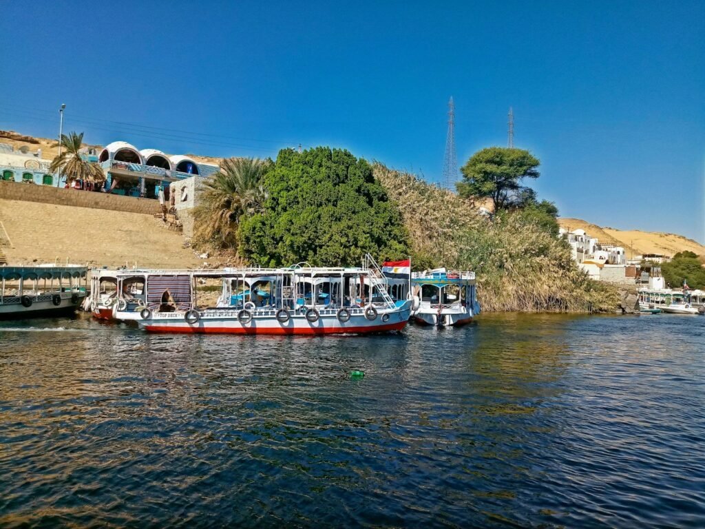 Barcos turísticos amarrados en la orilla del Nilo en Asuán, bajo un cielo azul y junto a los jardines de la ribera