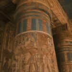 Columnas de un templo egipcio con jeroglíficos y relieves que conservan su pintura azul y ocre