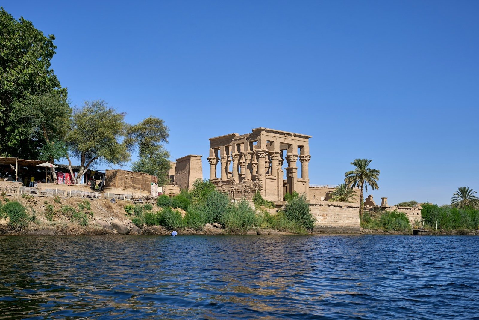 Philae Temple and the Kiosk of Trajan seen from the Nile on Agilkia island at Aswan.