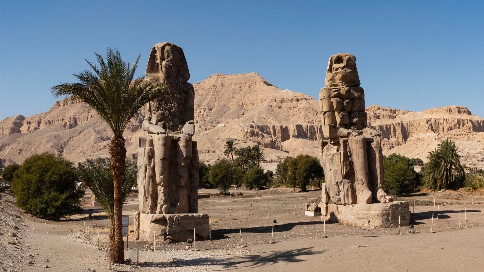 The two Colossi of Memnon on the Luxor west bank with a date palm in front and rocky hills behind