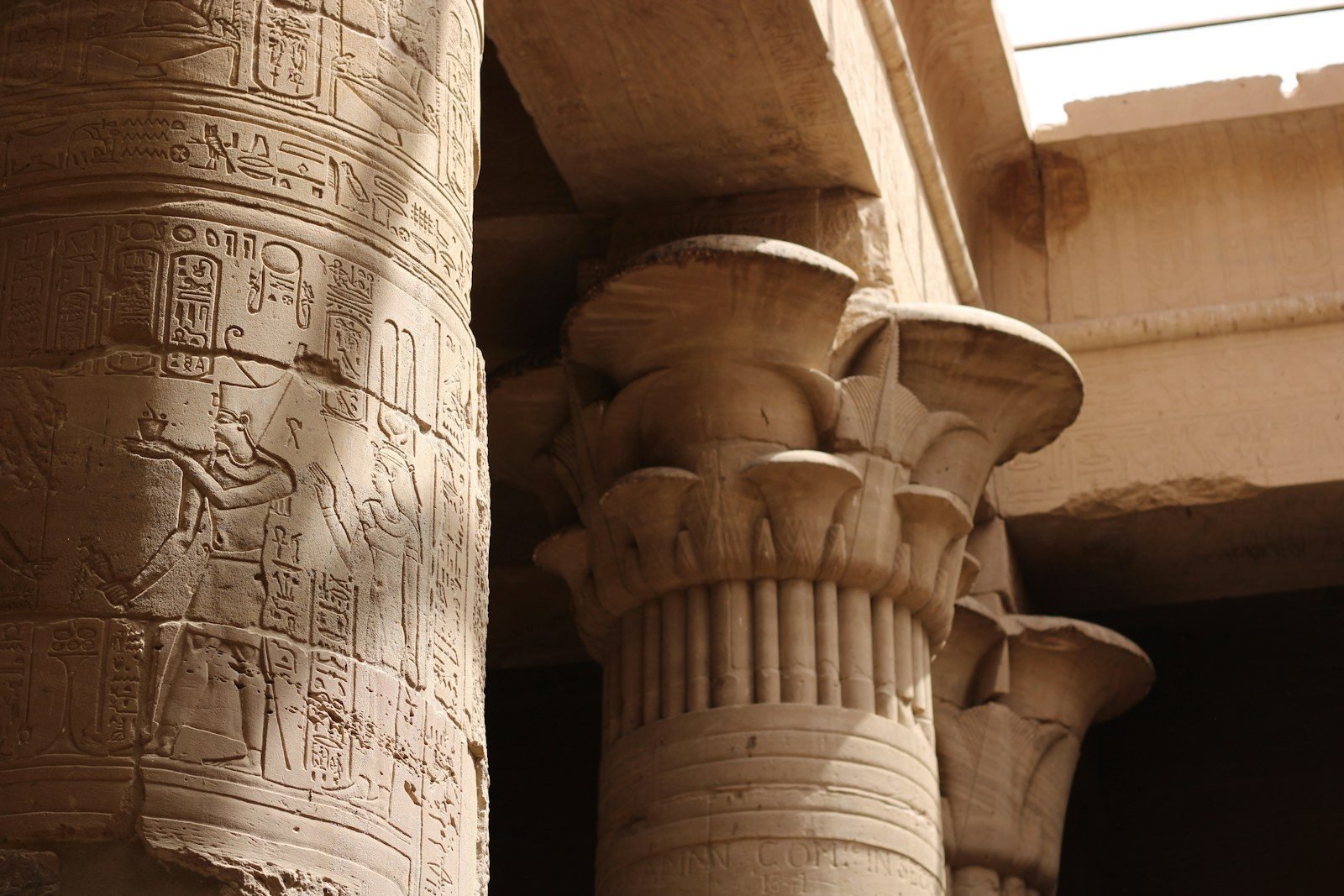 Columnas de arenisca bañadas por el sol en un templo, una con una escena de ofrenda y jeroglíficos tallados y otra con un capitel de flores abiertas