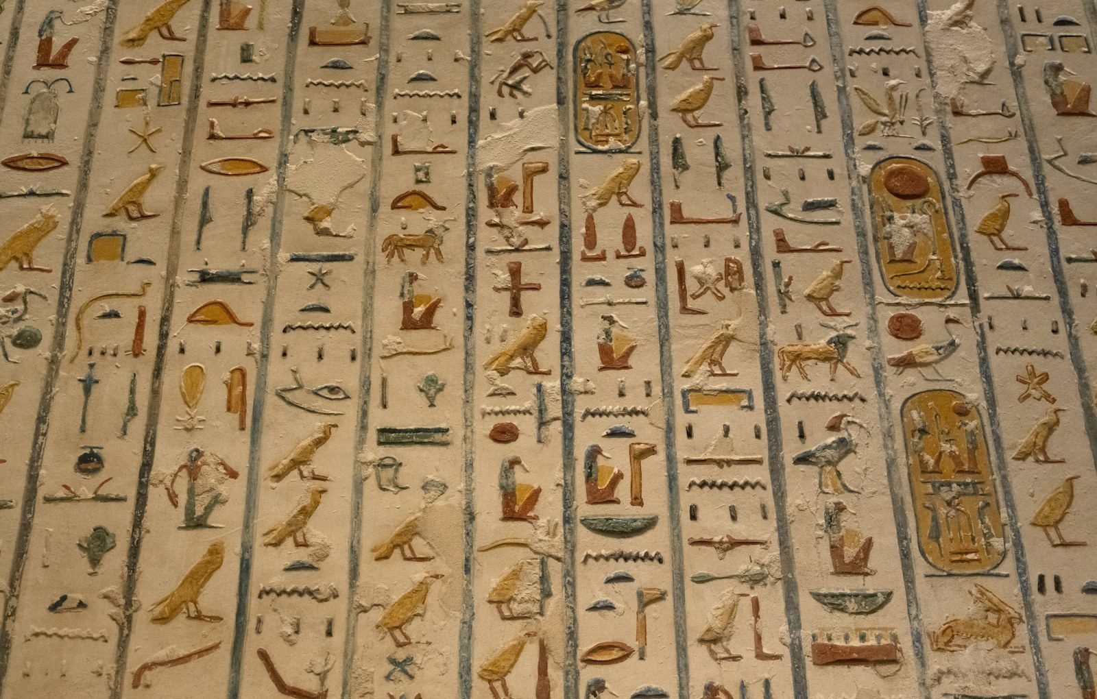 Muro cubierto de columnas de jeroglíficos en relieve con restos de pintura amarilla, azul y roja, y varios cartuchos reales ovalados.