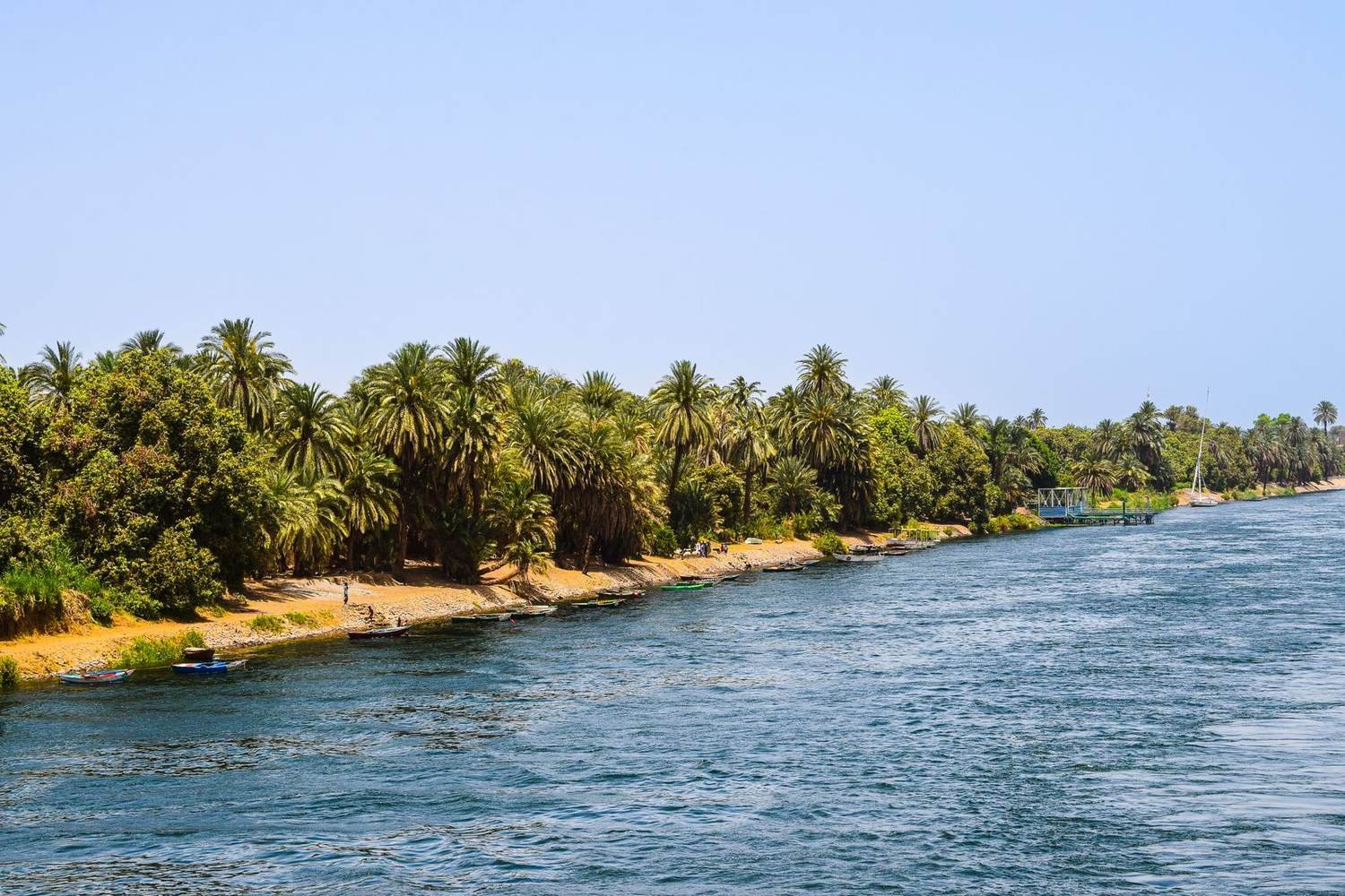 Nile riverbank lined with date palms and green trees, with small boats pulled up on the sand and blue water in the foreground under a pale sky